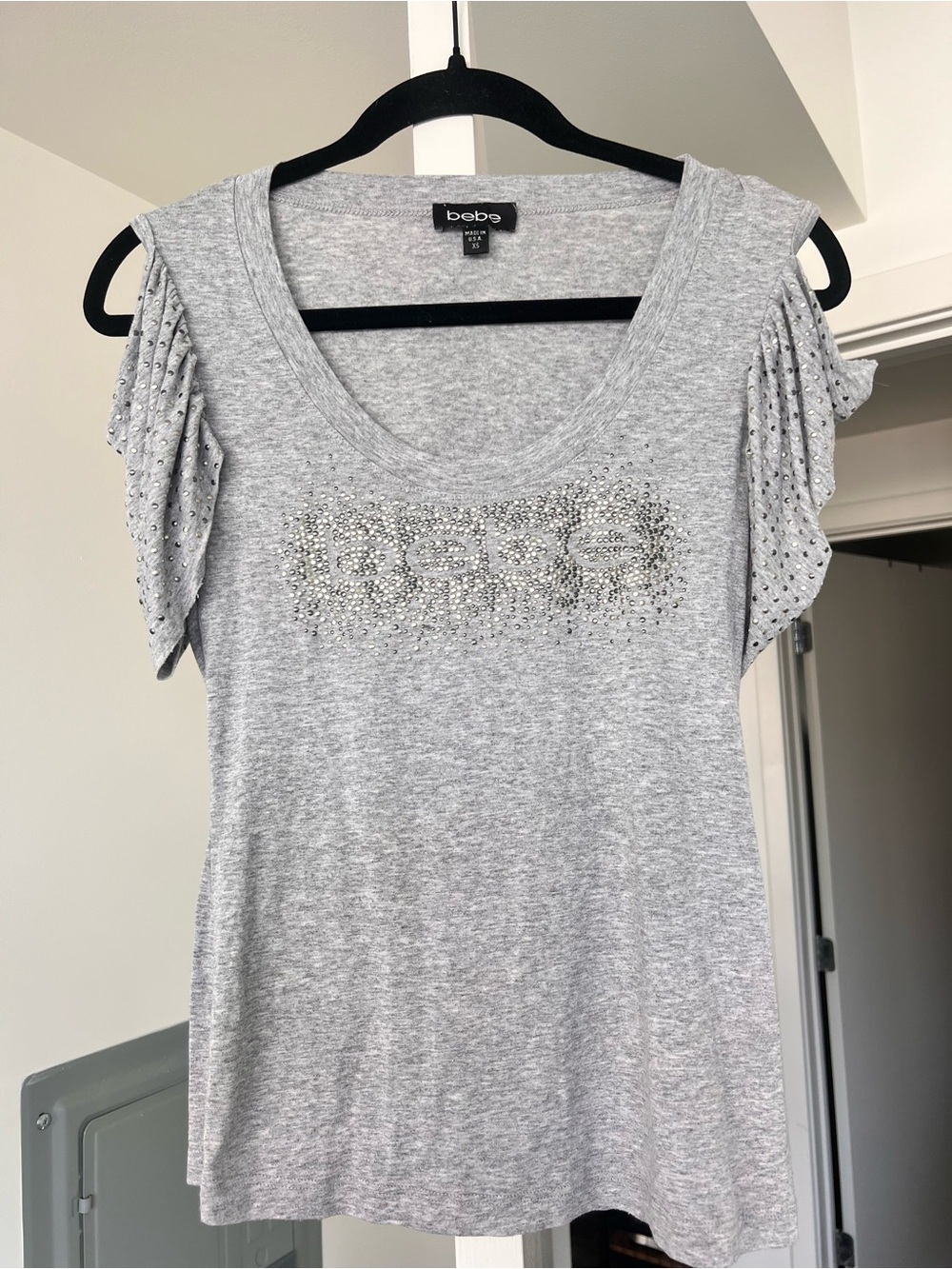 Vintage Y2K bebe Gray Embellished Scoop Neck Women's Top Sz xs/s